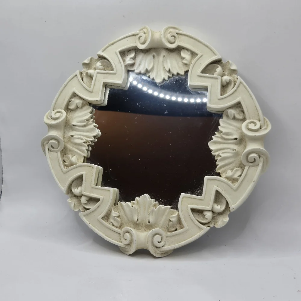 Vintage Heavy Resin Antiqued Decorative 8” Mirror BEAUTIFUL Wall Decor
